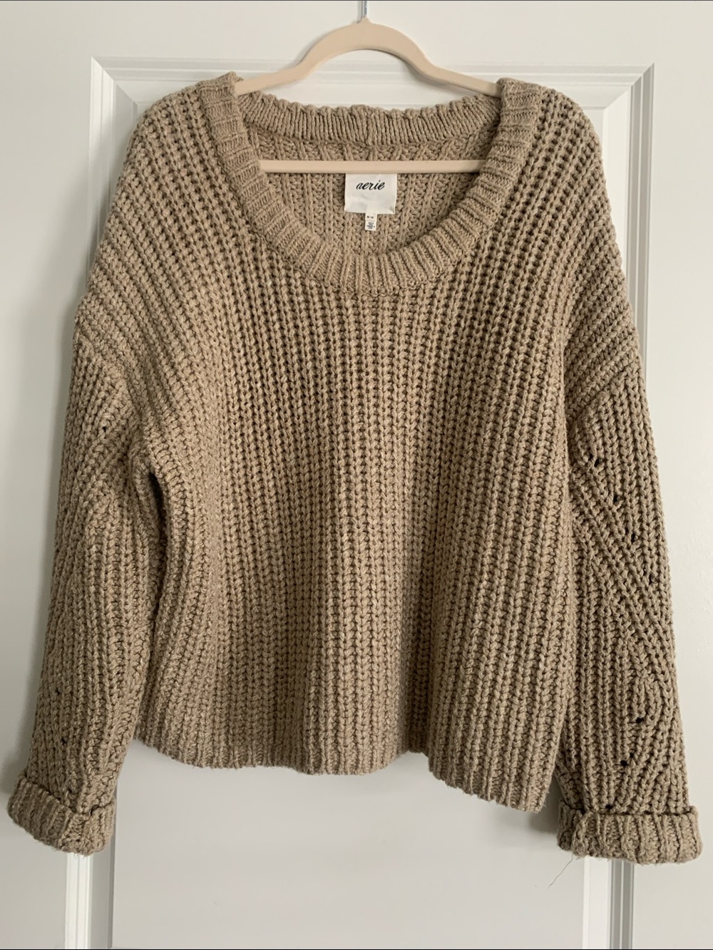 aerie Chunky Crewneck Sweater in Taupe